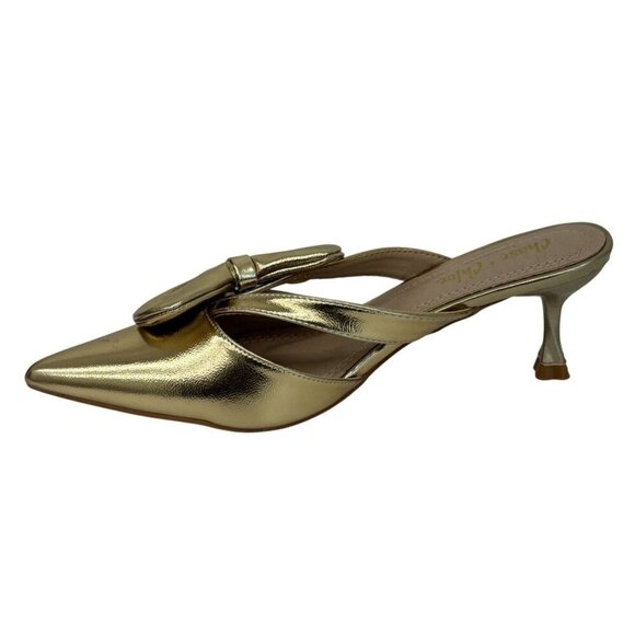CHASE + CHLOE / Idra-3 / Gold / Pointed-Toe / Kitten Heel / Mules With Bow Accen - Picture 3 of 10